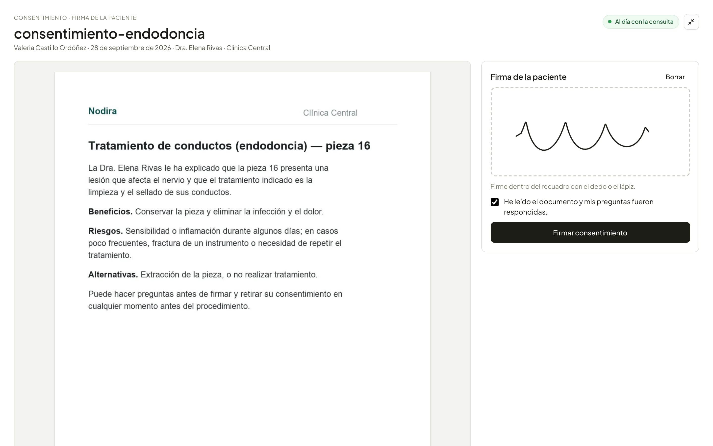 Un consentimiento informado en la pantalla del paciente, listo para firmar.